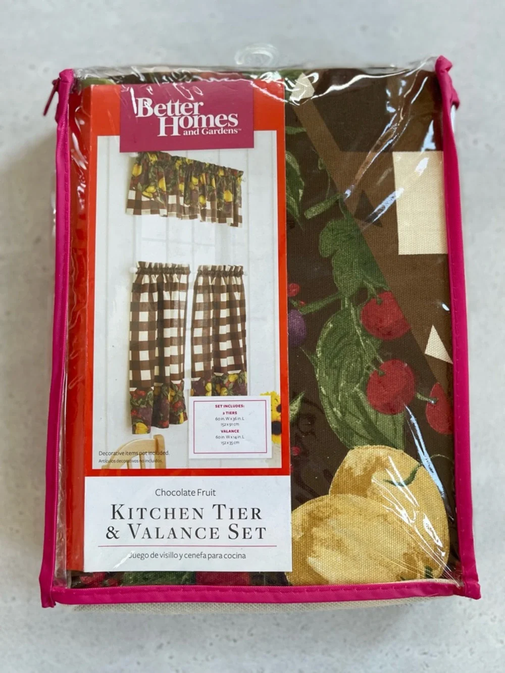 3 Piece Kitchen Window Valance  & 2 Panel Curtains Chocolate Fruit New BH&G